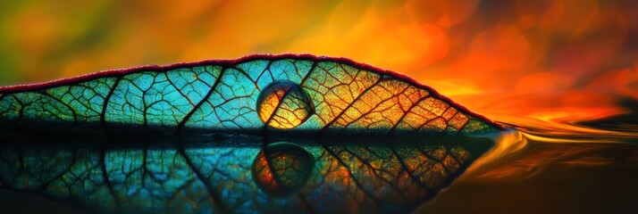 Poster - Water droplet on a translucent leaf reflecting a vibrant sunset.
