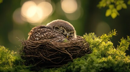 Poster - Little owl nestled in a mossy nest, sleeping peacefully in the soft sunlight filtering through the forest canopy.
