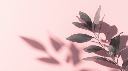 Aufkleber - Elegant grey leaves cast shadows on a soft pink background.