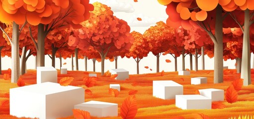Poster - Autumnal forest scene with white cubic objects scattered on the ground, stylized illustration.