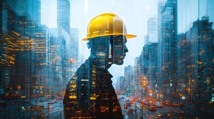 Poster - Silhouette of construction worker in hardhat, superimposed over cityscape at night.