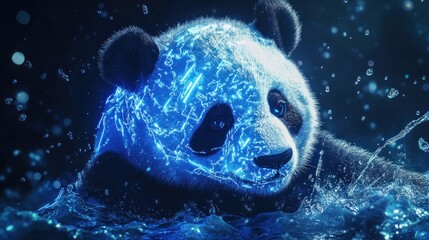 Aufkleber - Glowing panda bear in water, digital art.