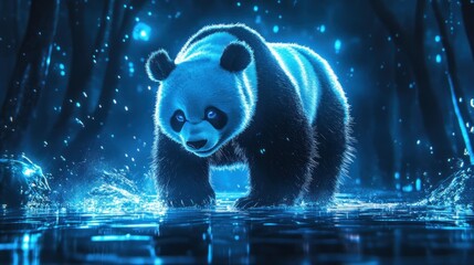 Poster - Glowing blue panda bear walking in a magical forest, water splashing around its paws.