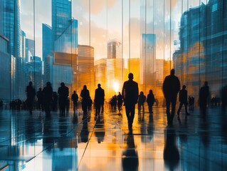 Aufkleber - Silhouetted businesspeople walking towards a city sunrise reflected in a glass building.