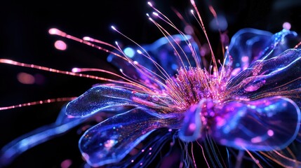 Leinwandbilder - Glowing translucent flower with vibrant, luminous petals and radiating filaments against a dark background.