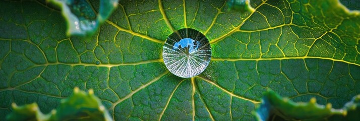 Poster - Macro shot of a water droplet on a vibrant green leaf, showcasing intricate leaf veins and water reflection.
