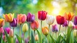 © lapeepon - A vibrant row of spring tulips in various colors stand upright, their petals swaying gently in the breeze , foliage, vibrant