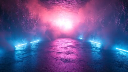 Wall Mural - Pink and blue neon lights illuminate a smoky, reflective path.