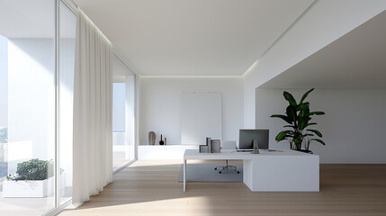 Wall Mural - minimalist home office interior design featuring a white desk, a large monitor, potted plants, and n