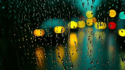 Canvas Print - A close-up of raindrops on a window, blurring colorful city lights in the background.