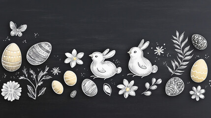 Chalkboard Easter Illustration with Bunny and Flowers