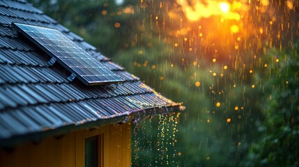 Poster - Solar panel on house roof during sunset rain.