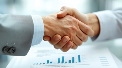 Close-up of two individuals shaking hands over a business document with financial charts, symbolizing an affiliate partner agreement and successful collaboration.