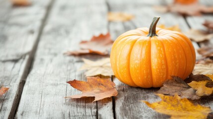 Sticker - A bright orange pumpkin rests on a rustic wooden surface, accompanied by scattered autumn leaves, evoking the essence of fall