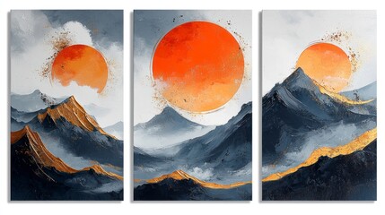 Sticker - Triptych of abstract mountain landscape with large orange suns.