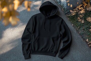 a black hoodie mockup laid flat on a textured surface, surrounded by autumn leaves. the hoodie featu