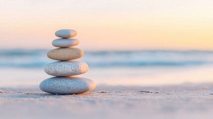 Wall Mural - Five zen stones stacked neatly on the sand at the beach, illuminated by the warm hues of sunset reflecting over the water