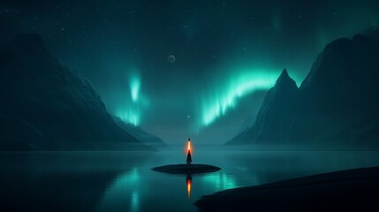 Poster - Lonely figure on island at night with aurora borealis.