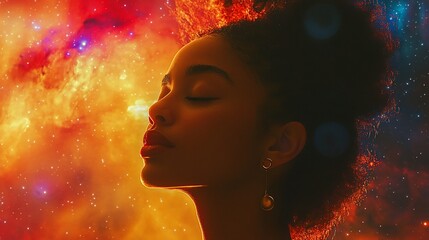 Wall Mural - Serene woman's profile against a vibrant nebula backdrop.