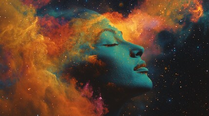 Wall Mural - Serene woman's face merges with vibrant nebula, cosmic energy.
