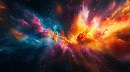 Wall Mural - Vibrant cosmic explosion with swirling nebulae and multicolored particles.