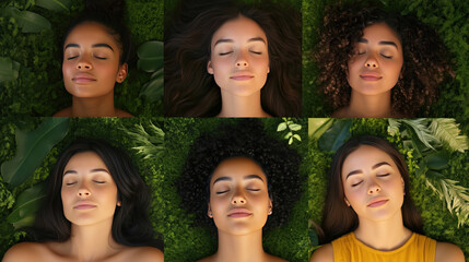 Wall Mural - young women various ethnicity smiling eyes closed lying down studio photography makeup cosmetics natural make up separate photos green foliage leaves nature background