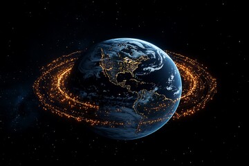 Wall Mural - Earth at night with glowing ring of light.