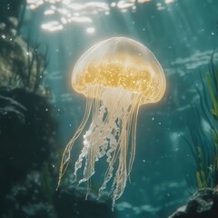 Wall Mural - a jellyfish glowing softly in the ocean, with light cascading around it.