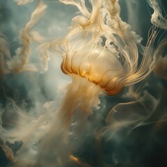 Wall Mural - jellyfish surrounded by beautiful, soft light. Its delicate body and long, flowing tentacles are gently illuminated,