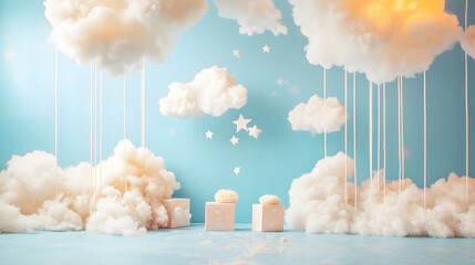 Wall Mural - A backdrop composition with a blue background, featuring pastel clouds and a starry sky in the middle.
