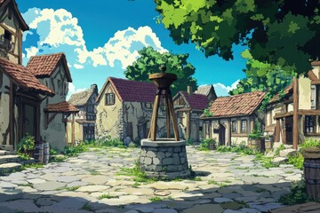 Wall Mural - A quaint village square with a well and charming houses