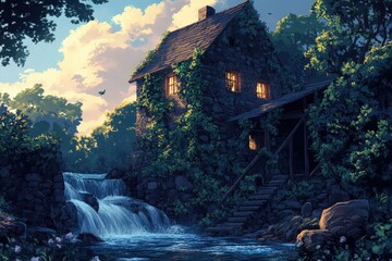 Canvas Print - Stone House by Waterfall Serene Evening Scene