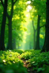 Wall Mural - Deep green bokeh, sunlight filtering through trees, plant, greenery, background