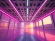 © hyperbleh - A low angle view showcasing a vast, empty futuristic room, illuminated by a blend of pink and blue neon lights, the soft light similar to sunrise or sunset