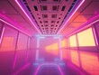 © hyperbleh - A low angle view showcasing a vast, empty futuristic room, illuminated by a blend of pink and blue neon lights, the soft light similar to sunrise or sunset