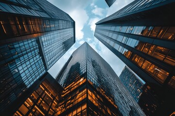 Wall Mural - Glass skyscrapers ascend, reflecting light, sky.