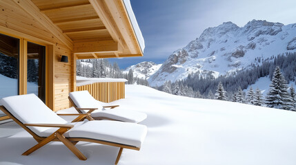 Wall Mural - Cozy mountain lodge with snow covered landscape and stunning views