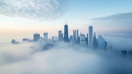 Sticker - City skyline emerges from dense fog, early morning light.