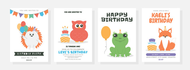 Happy birthday posters set with cute little owl, hedgehog, frog, fox, balloons, cake, candles, hat. Birthday party vector illustration for greeting card, invitation, banner and more