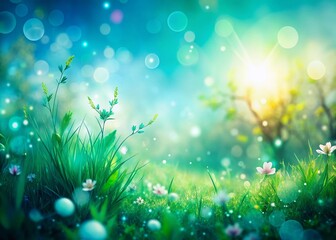 Wall Mural - Abstract Spring Background: Green Blue Bokeh, Nature Inspired Design, Pastel Tones