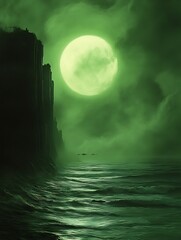 Wall Mural - Green moonlit night, ocean, cliff, mysterious.