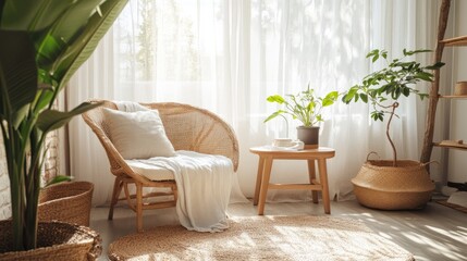 Wall Mural - A calming space featuring natural light, an airy seating area, and minimal decor with warm wooden tones and organic textures.