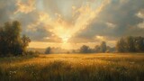 An oil painting depicting a field in the morning with sunbeams and dewdrops 