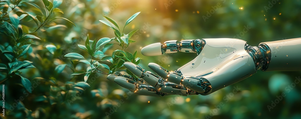 Sustainable development goals SDGs, robot hand holding plants ...