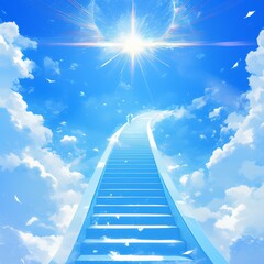 Wall Mural - stairway to heaven with radiant sun rays, blue sky, and white clouds – inspirational concept