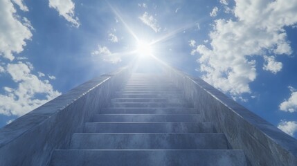 Wall Mural - stairway to heaven with radiant sun rays, blue sky, and white clouds – inspirational concept