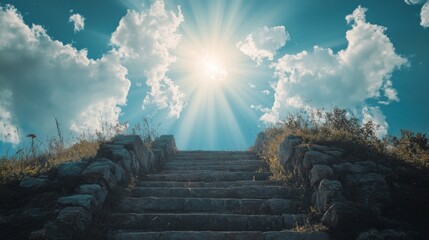 Wall Mural - stairway to heaven with radiant sun rays, blue sky, and white clouds – inspirational concept
