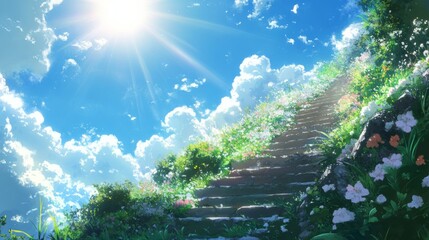 Wall Mural - stairway to heaven with radiant sun rays, blue sky, and white clouds – inspirational concept