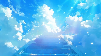 Wall Mural - stairway to heaven with radiant sun rays, blue sky, and white clouds – inspirational concept