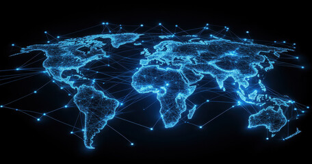 Wall Mural - 3D rendering of Earth with global network and connections, showcasing digital map of world. vibrant blue lines represent data flow and communication across continents